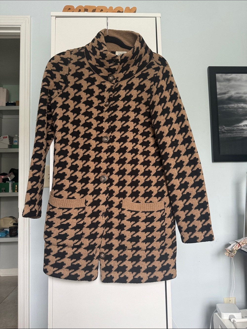 Madewell Black & Brown Houndstooth Knee-Length Pea Coat
